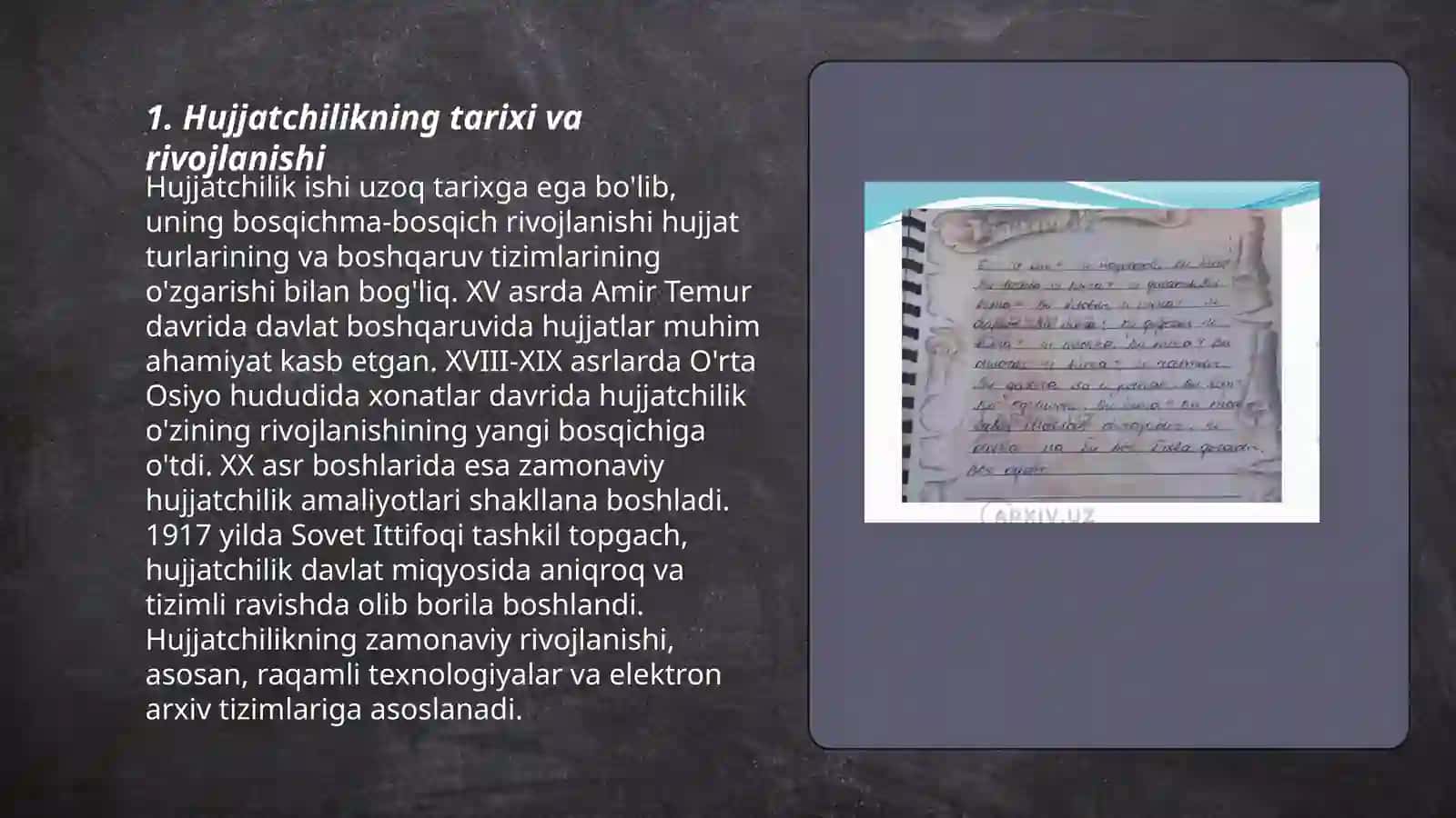 Hujjatchilik tarixi. Sharq hujjatchiligi. O‘zbek adabiy tili me’yorlari 3