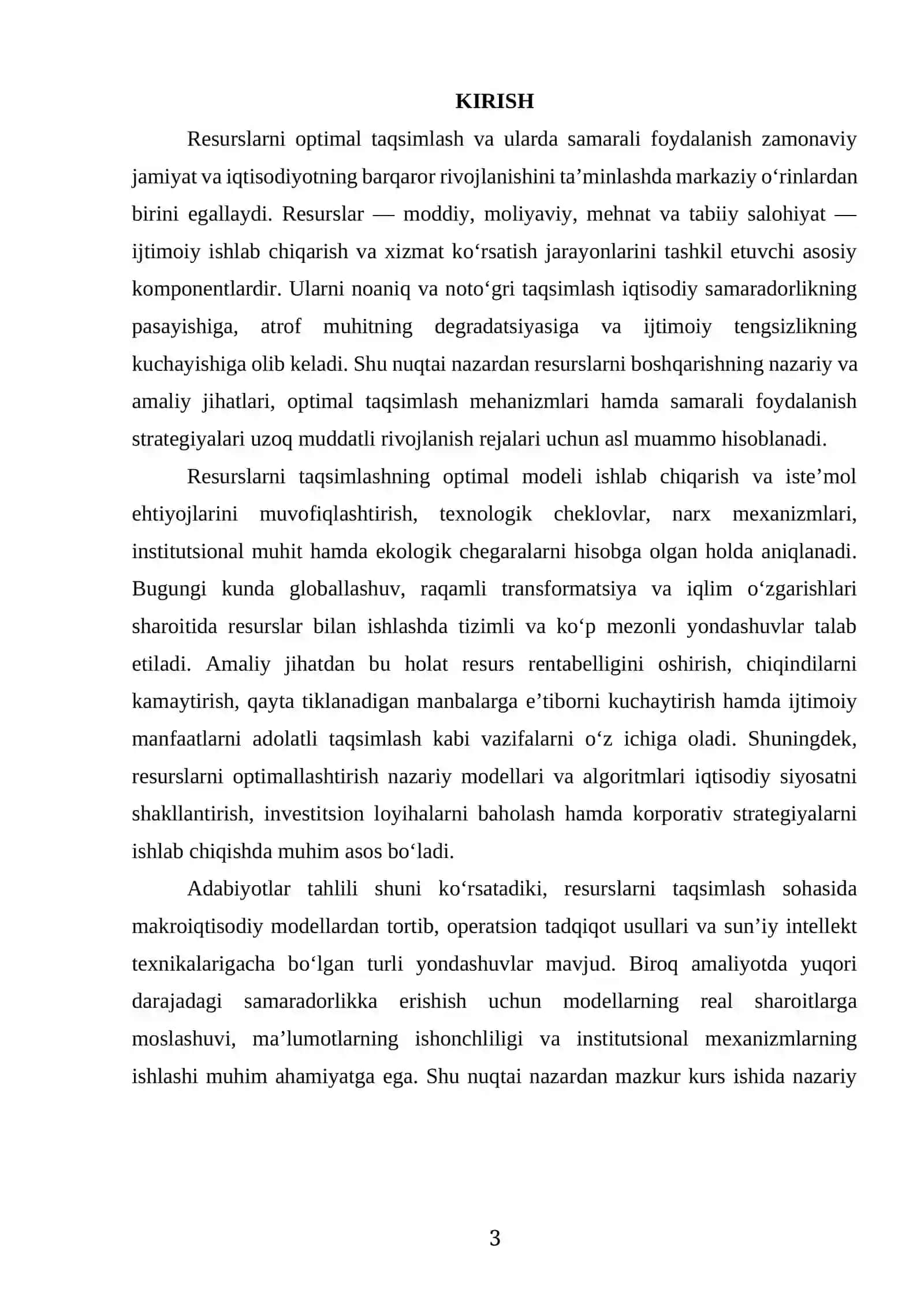 "RESURTLARNI OPTIMAL TAQSIMLASH VA ULARDA SAMARI FOYDALANISH YO'LLARI" MAVZUSIDAGI KURS ISHI 3