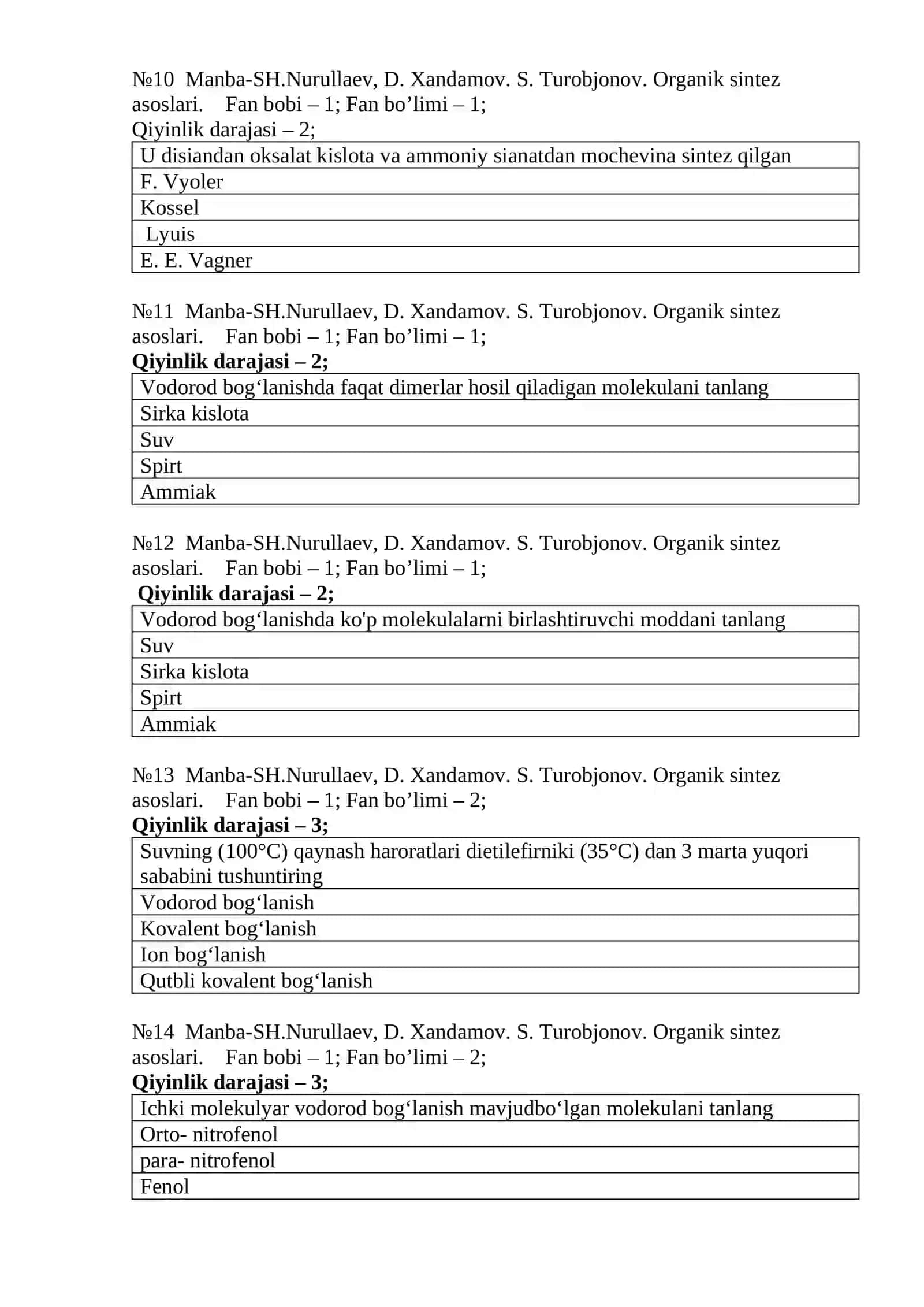 ORGANIK SINTEZ ASOSLARI fanidan yakuniy testlari 3