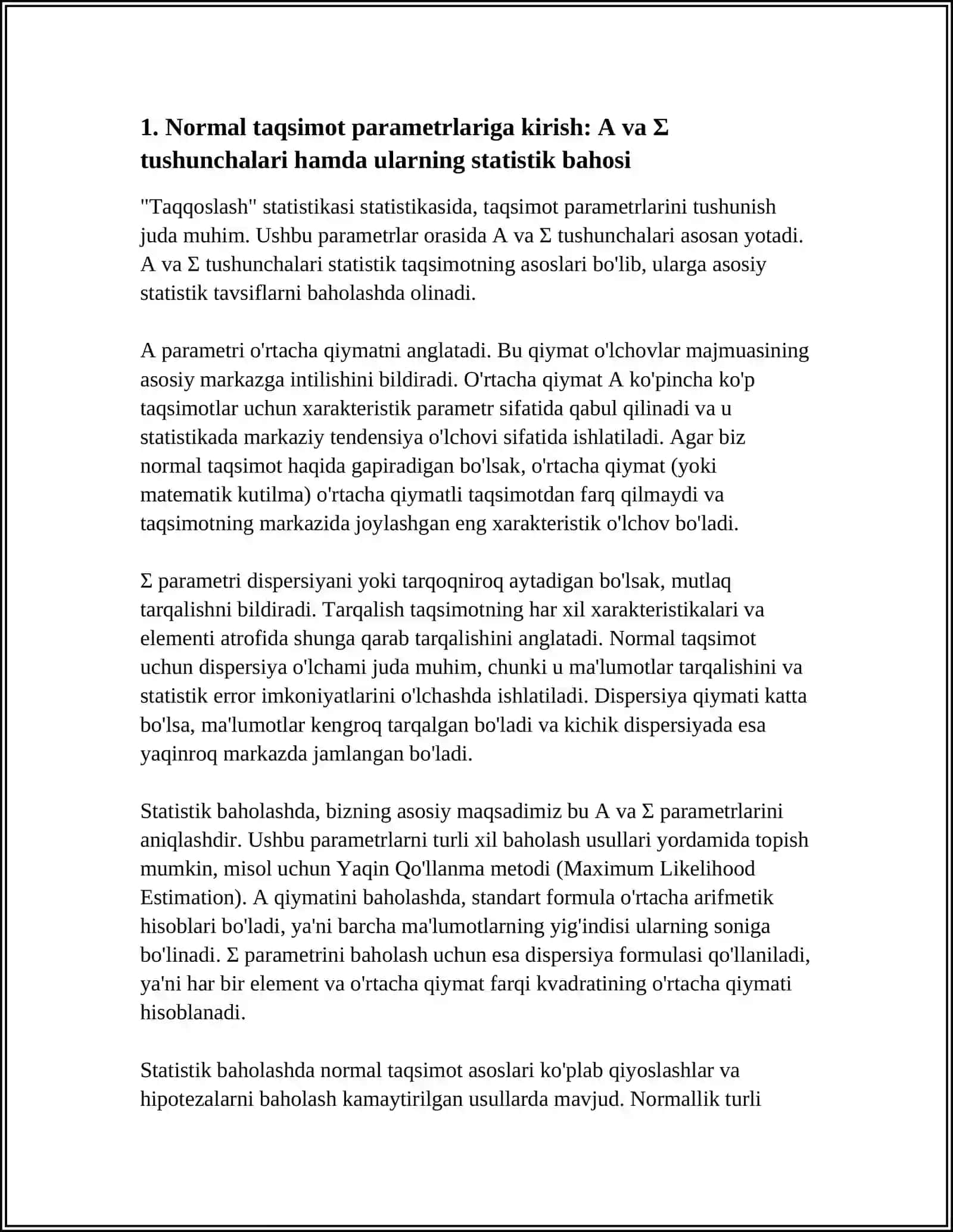 NORMAL TAQSIMOTNING NOMA’LUM PARAMETRLARI A VA Σ GA INTERVALLI STATISTIK BAHO QURISH 3