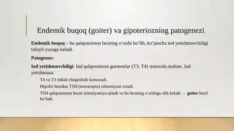 Endemik buqoq va gipoterioz patogenezi va davolash usullari. Buyraklarning kalsiy, fosfor va bikarbonat almashinuvidagi ahamiyati. 3
