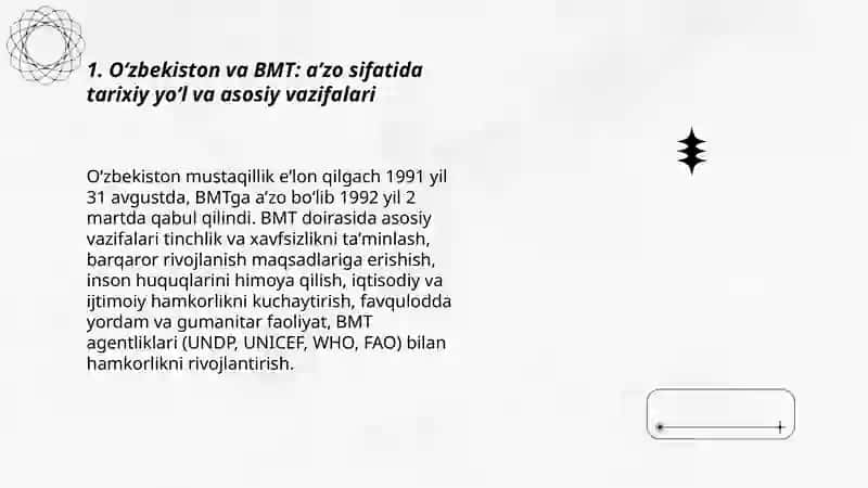 O'zbekiston Respublikasining BMT, YEXHT, MDH, SHHT kabi xalqaro tashkilotlar bilan aloqalari 3