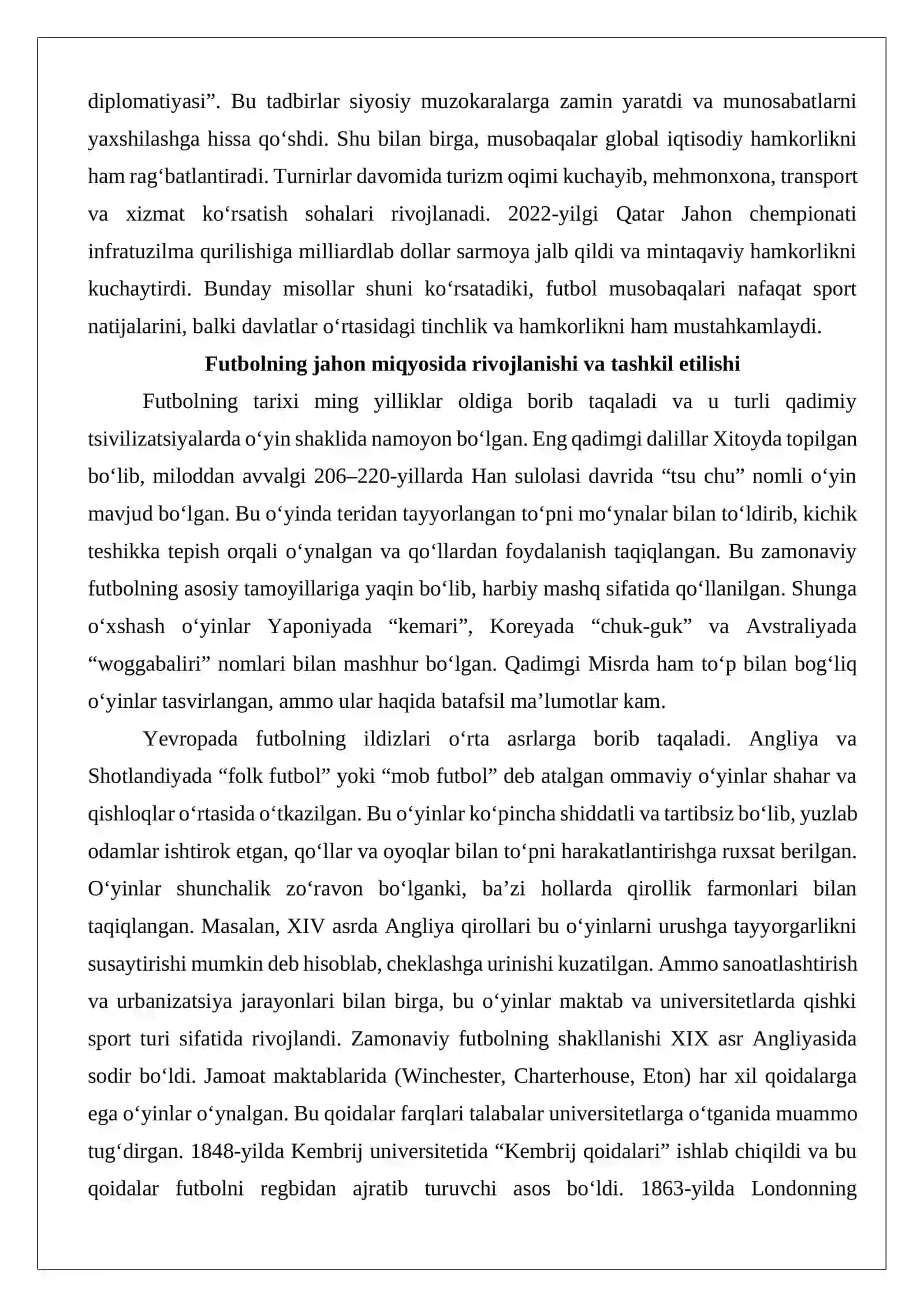 Futbol bo‘yicha jahon miqyosidagi musobaqalar o‘tkazilishi 3