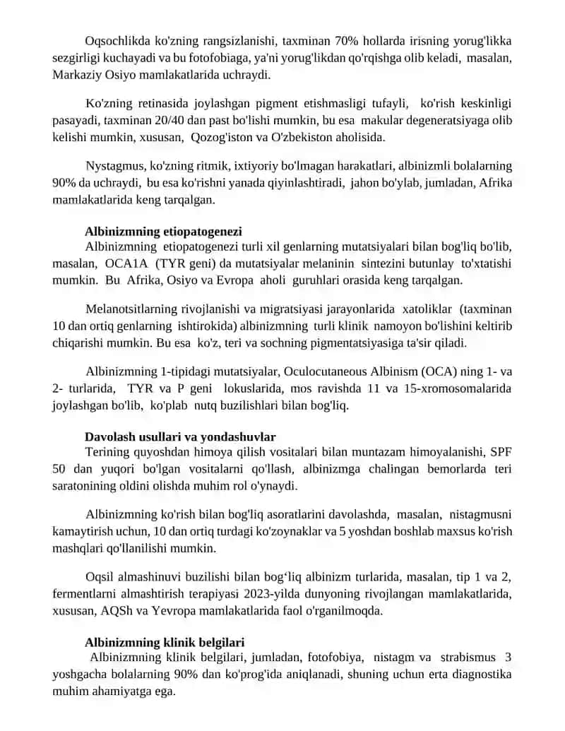 Albinizm klinikasi, etiopatogenizi profilaktikasi va diagnostikasi, davolashi 3