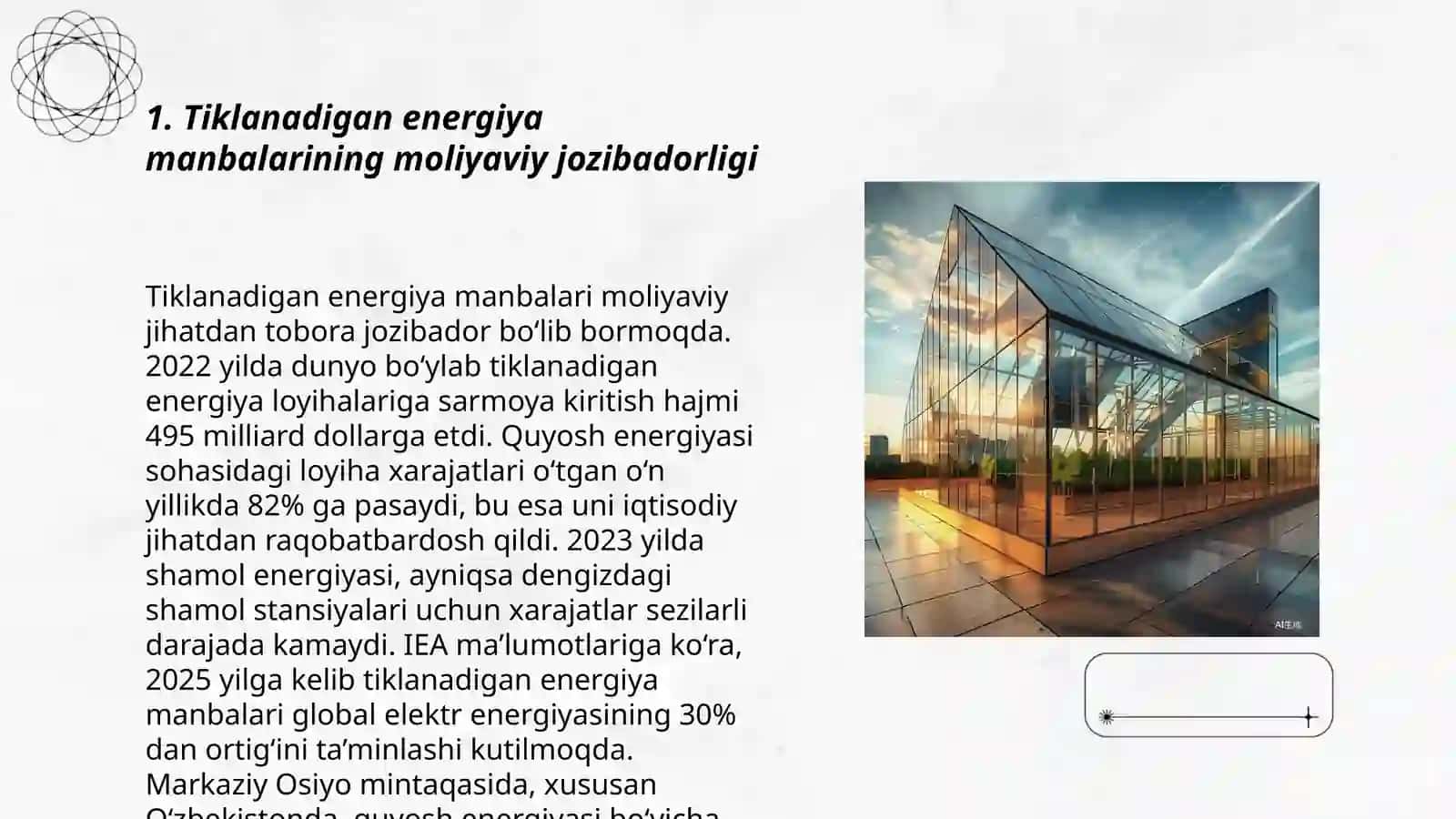 Tiklanadigan energiya manbalarini o'zlashtirishni investitsiyalash xususiyatlari 3