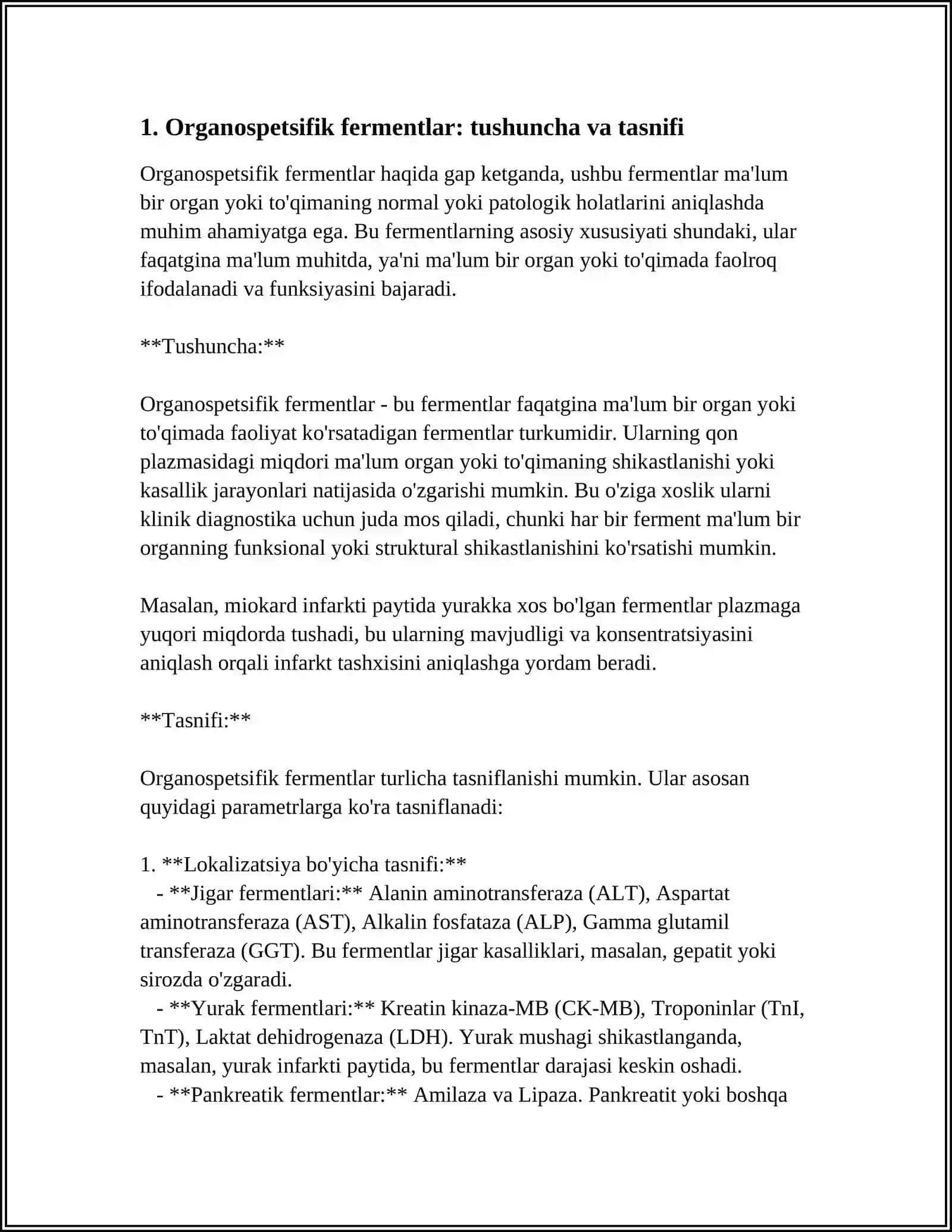 ORGANOSPETSIFIK FERMENTLAR ULARNING ROʻLI. ENZIMOPATOLOGIYA ENZIMODIAGNOSTIKA 3