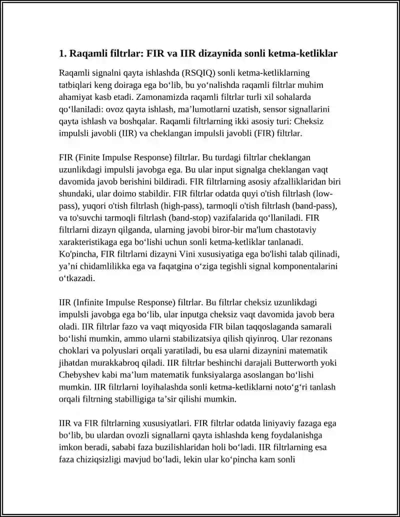 Raqamli filtrlar: FIR va IIR dizaynida sonli ketma-ketliklar 3