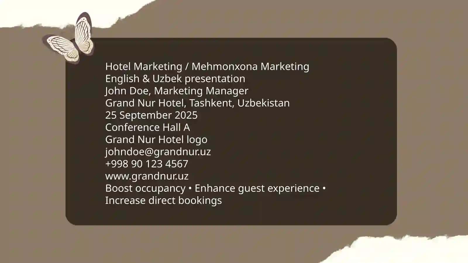 Mehmonxona Marketing haqida inglizcha va uzbekcha taqdimot qilib ber 3