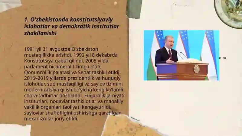 O'zbekistonda demokratik, fuqarolik jamiyati asoslarining shakllanishi, amalga oshirilgan siyosiy islohotlar 3