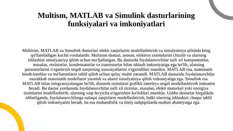 Elektr zanjirlarini modellashtirish dasturlari (multism, matlab, simulink va boshqalar) 3