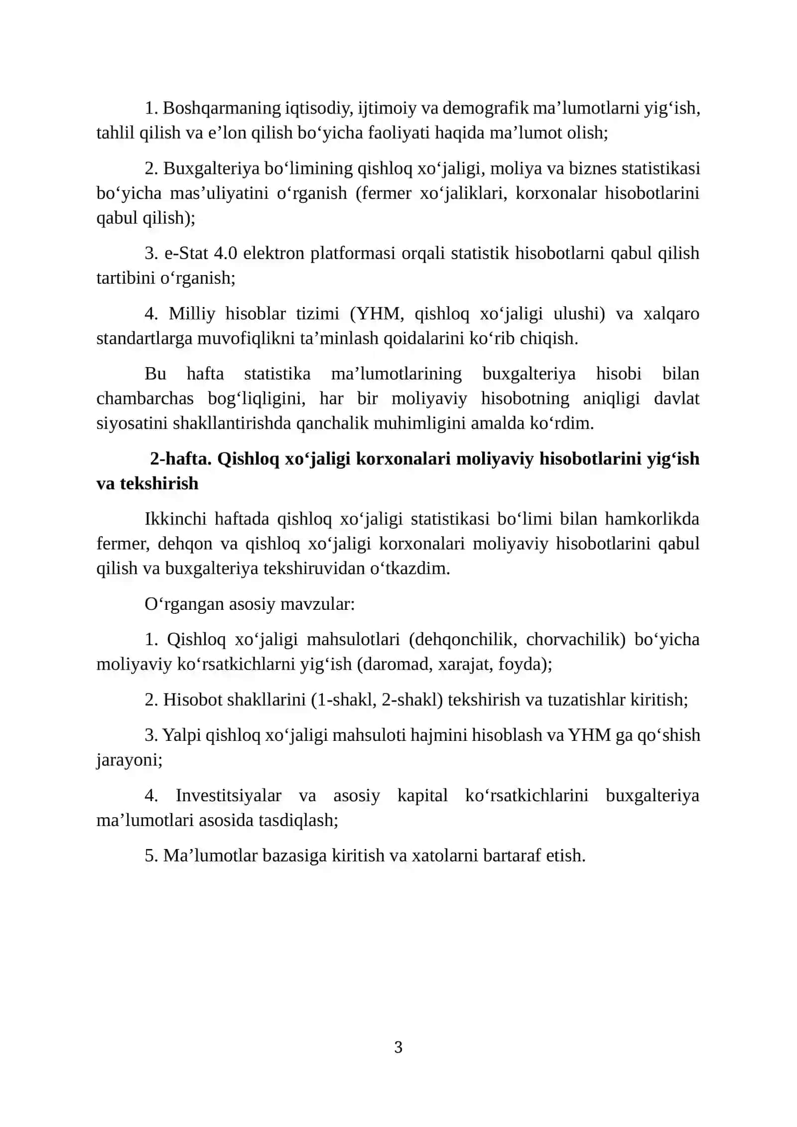 Toshkent viloyati statistika boshqarmasi. AMALIYOT HISOBOTI 3