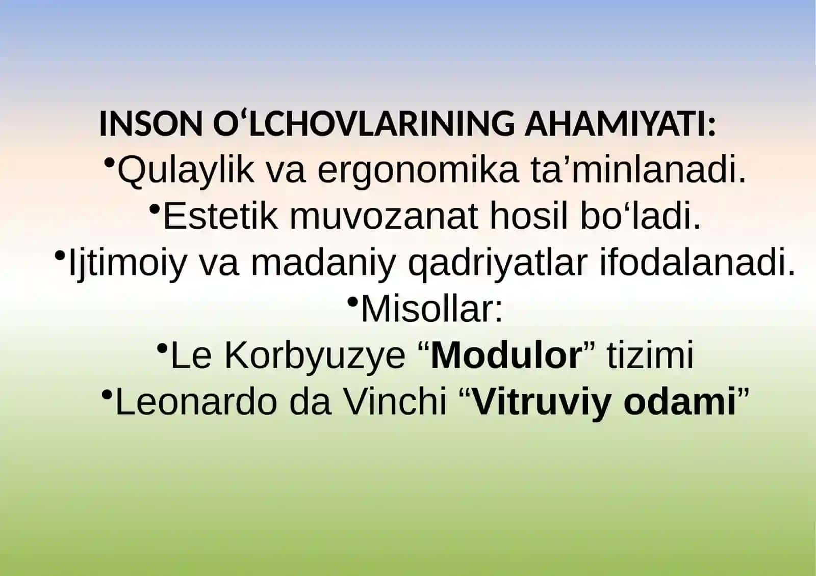 ARXITEKTURA ASOSLARI-INSON O‘LCHOVLARI, VITRUVIY TAMOYILLARI 3