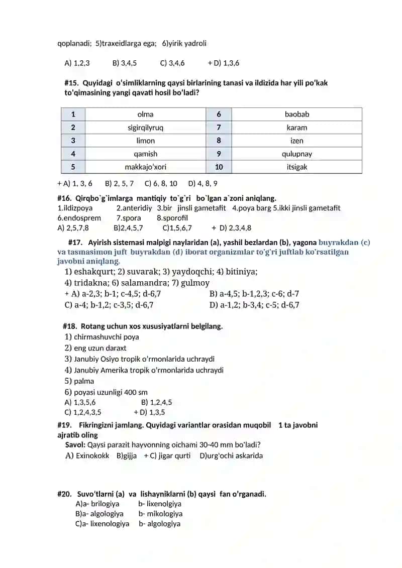 Biologiya fanidan test savollari 3