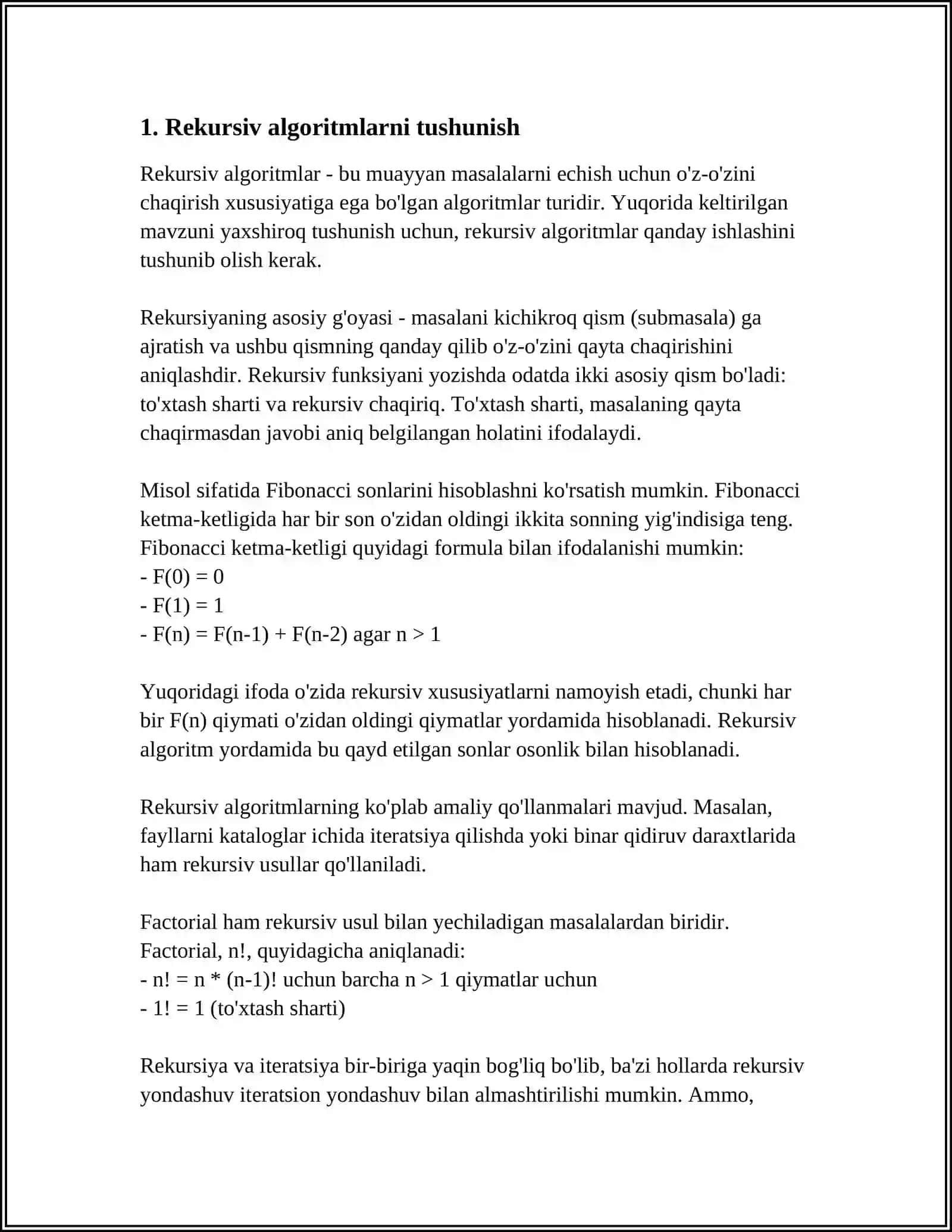 REKURSIV JARAYONLARNI TASHKIL ETISH.LCHMA ICH JOYLASHGAN REKURSIV JARAYONLARNI TASHKIL ETISH.SATRLAR BILAN ISHLASH 3