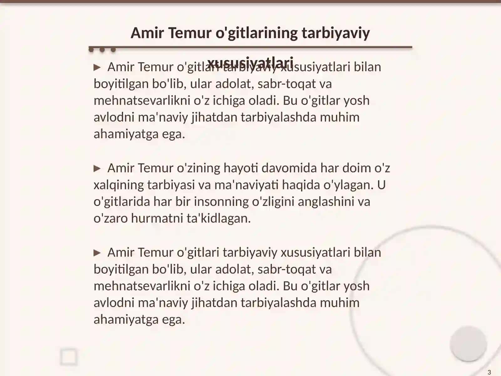 Amir Temur o'gitlarining tarbiyaviy ahamiyati (taqdimot tayyorlash) 3