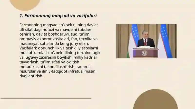 O‘zbekiston Respublikasi Prezidenti Sh.M.Mirziyoyevning “O‘zbek tilining davlat tili sifatidagi nufuzi va mavqeyini tubdan oshirish chora-tadbirlari to‘g‘risida”gi Farmoni 3