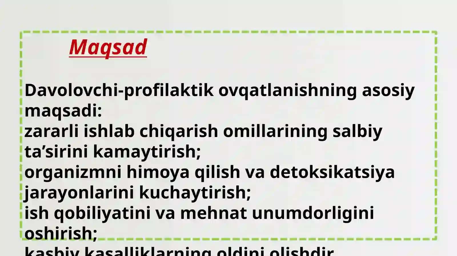 Zararlik asbda ishlovchilar uchun davolovchi-profilaktik ovqatlanish tibbiyot 3