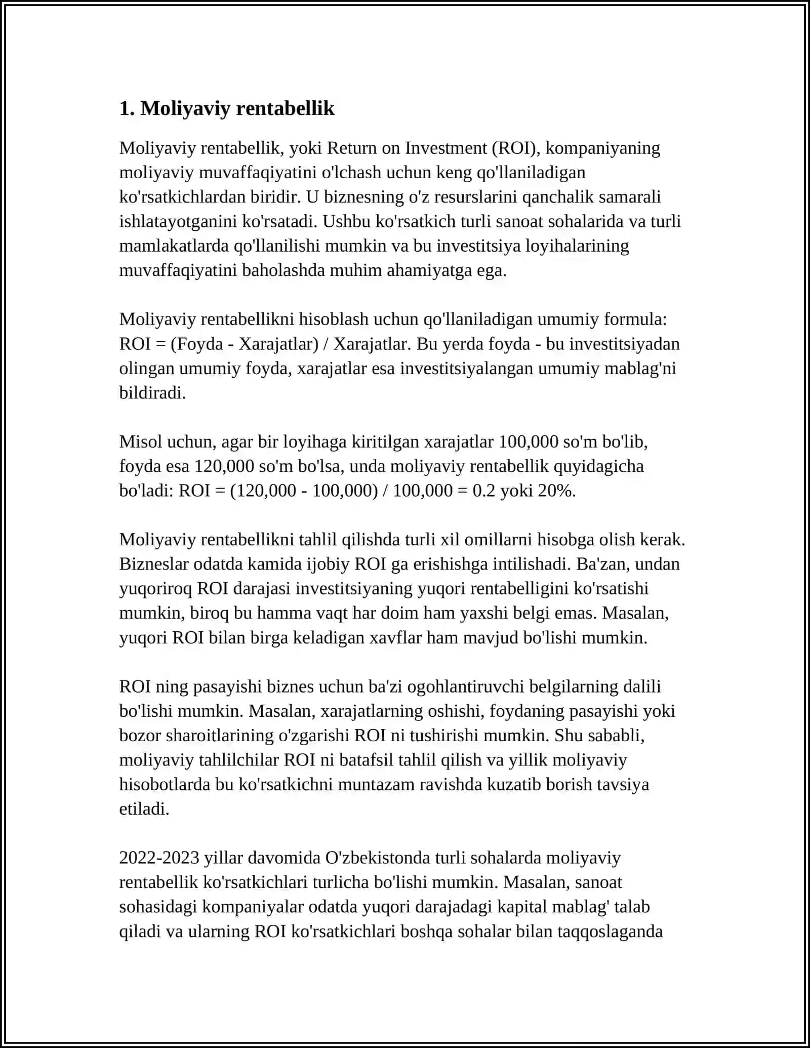 MUSTAQIL ISH Mavzu: RENTABELLIK KO'RSATKICHLARINI TAHLILI 3