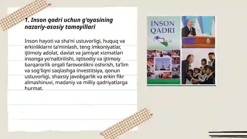 Inson qadri uchun" g'oyasi - Yangi O'zbekiston taraqqiyot strategiyasining bosh tamoyili 3