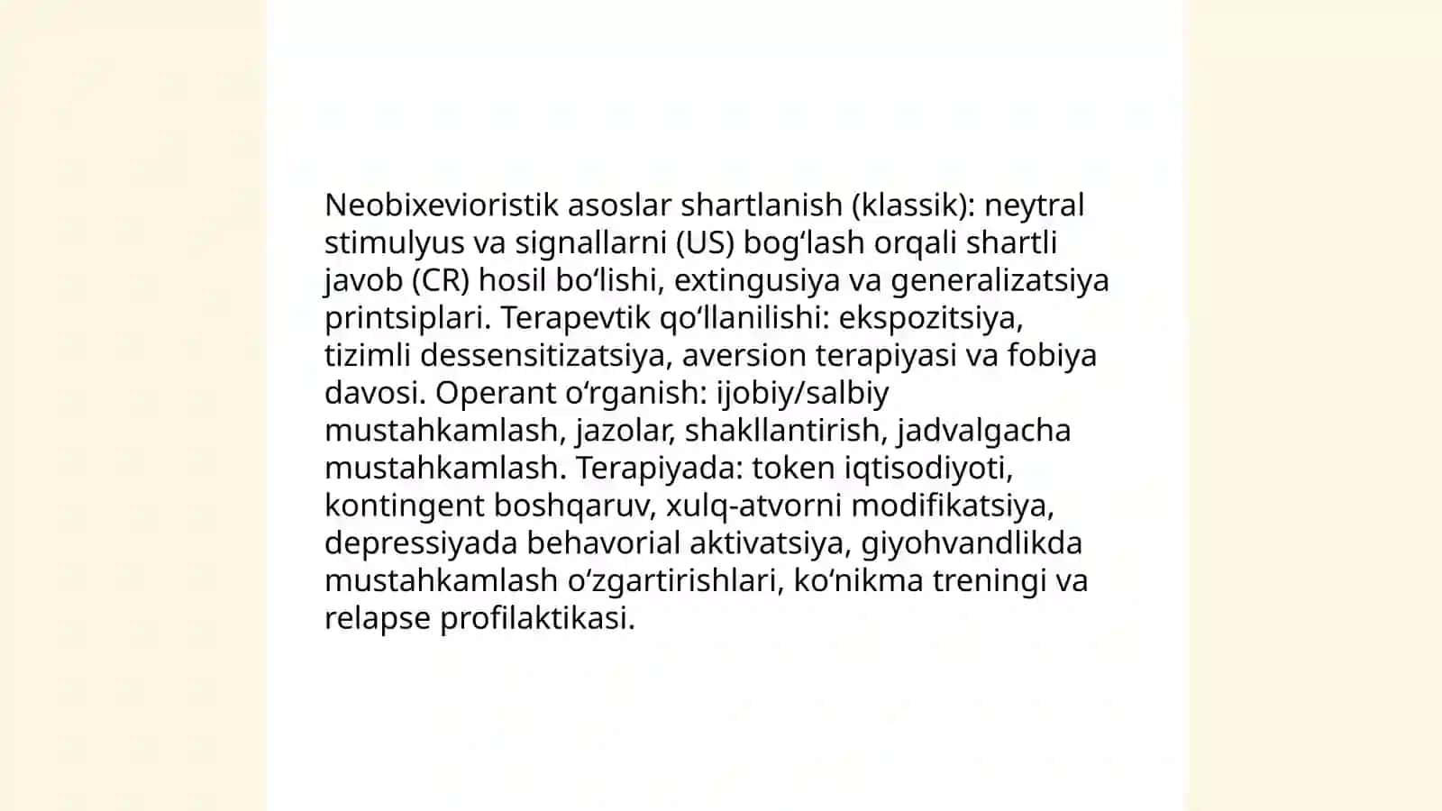 Psixologik yordam vaqtida asosiy konsepsiya va usullardan foydalanish(neobixeviorizm, kognitivizm, ekzistensional-gumanistik yondashuv) 3