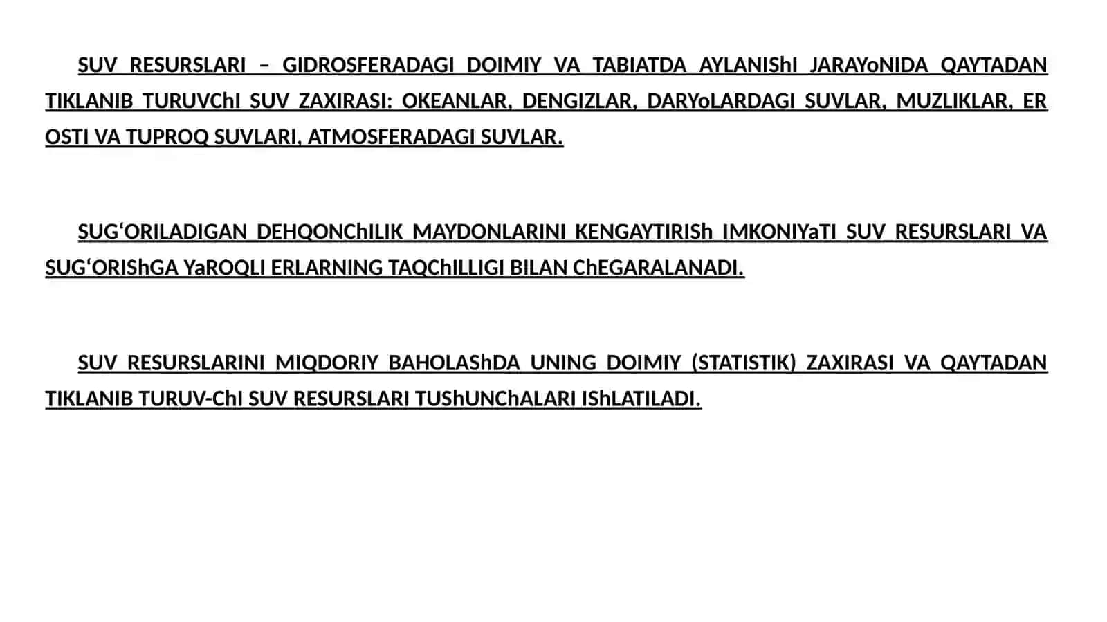 SUV RESURSLARI VA SUGʻORISh SUVI MANBALARI (2 soat) 3