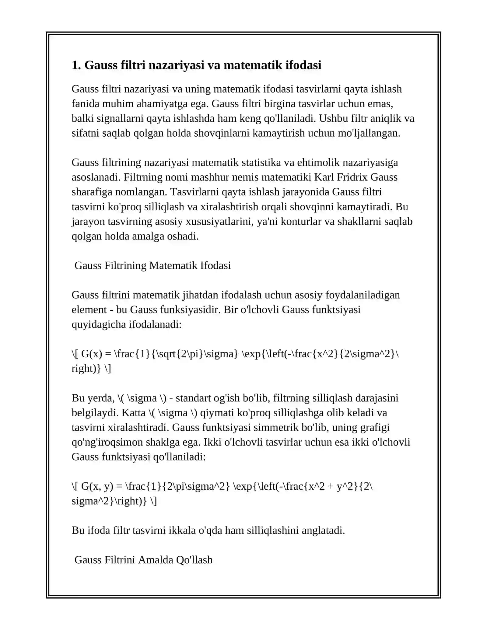 TASVIRLARNI QAYTA ISHLASH FANIDAN. GAUSS FILTRI VA UNING QO'LLANILISHI MAVZUSIDA 3