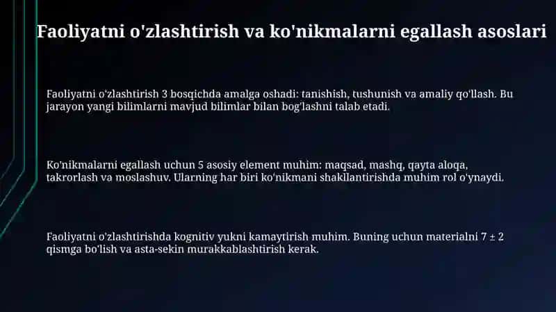 Faoliyatning oʻzlashtirilishi va malakalarni egallash. Motiv va motivatsiya 3