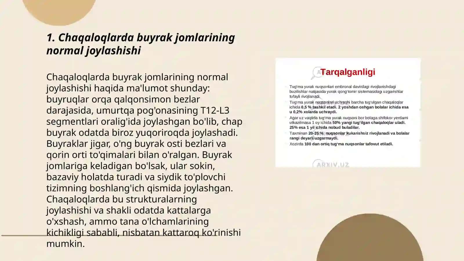 Chaqaloqlar va yosh bolalarda buyrak jomlarining joylashishi va shaklning tug'ma orttirilgan buyrak distopiyalari 3