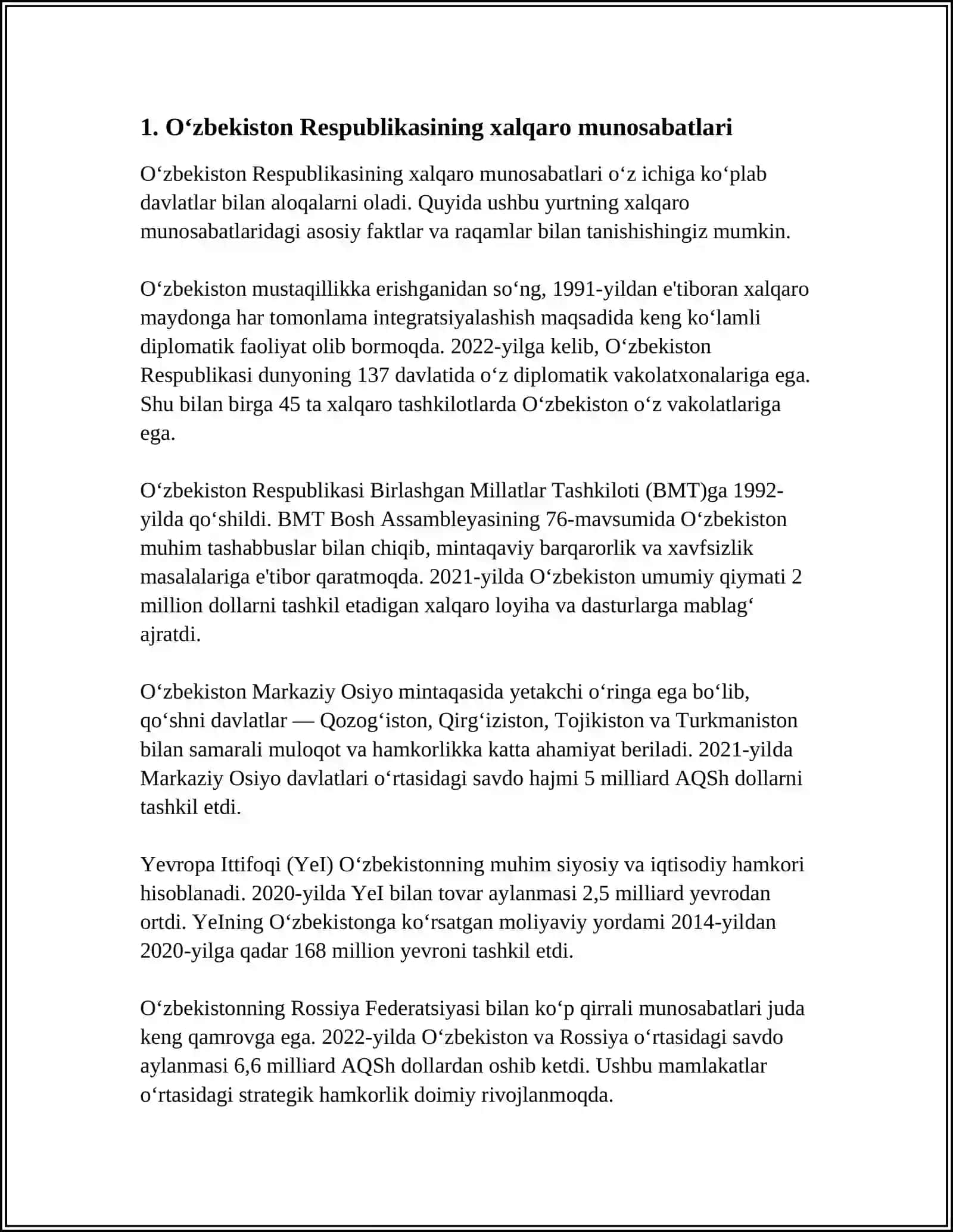 O‘zbekiston va Jahon Hamjamiyati Referat 3
