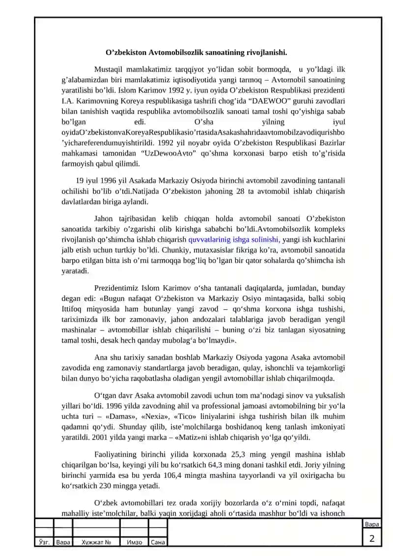 Kirish (avtomobilsozlik sanoatinin hozirgi kundagi holati, yutuq va kamchiliklari) – 1-2 bet 3