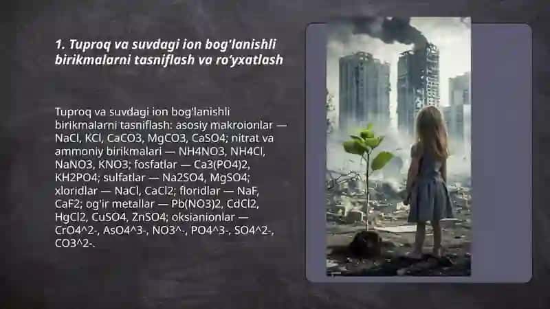 Tuproq va suvdagi ion bog'lanishli birikmalarni tasniflash va roʻyxatlash 3