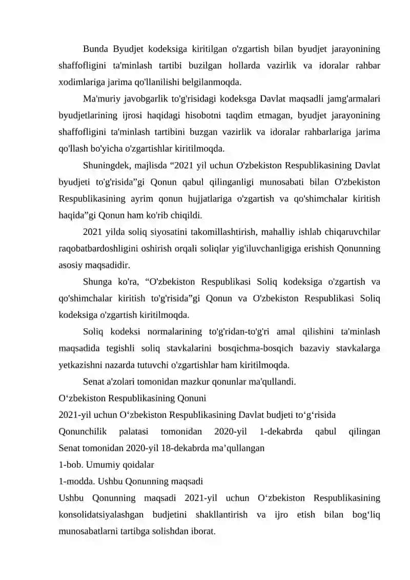 OʻZBEKISTON RESPUBLIKASINING 2021 YILDAGI ASOSIY MAKROIQTISODIY KOʻRSATKICHLARI PROGNOZI VA DAVLAT BYUDJETI PARAMETRLARI TOʻG’RISIDAGI QARORI IJROSI 3