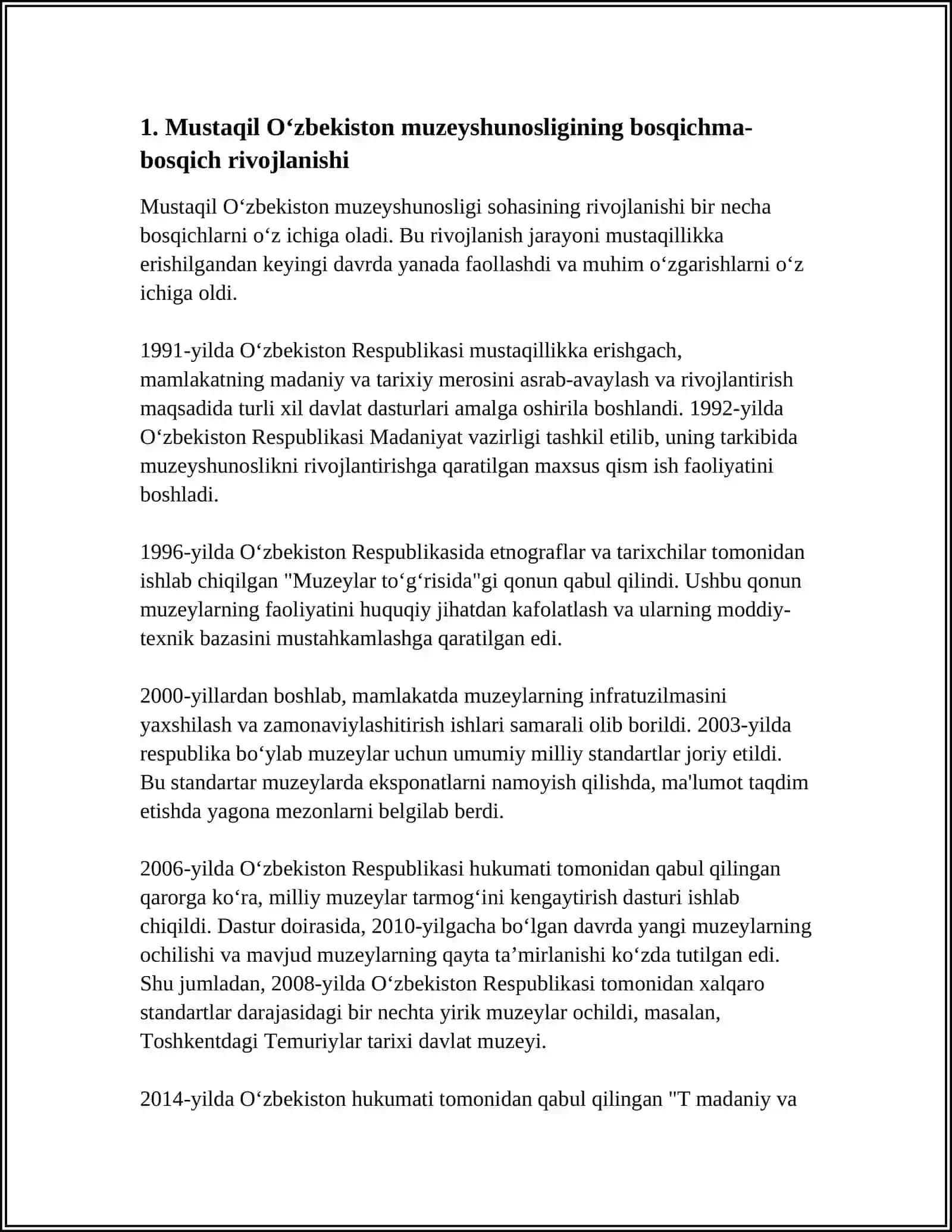 MUSTAQIL O‘ZBEKISTONDA MUZEYSHUNOSLIKNI RIVOJLANISHI VA OCHIK OSMON OSTIDAGI MUZEYLAR 3