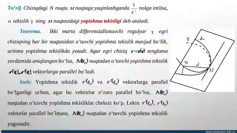 Yopishma tekislik tenglamasi, xossalari. To‘g‘rilovchi tekislik tenglamasi. Bosh normal va binormal tenglamalari 3