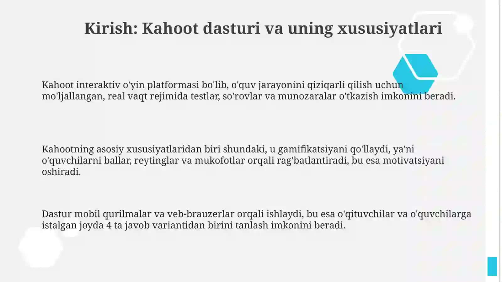 Taqdımotlar yaratısh texnologoyası Kahoot dasturı yordamıdaöqıtıshmetodıkası 3