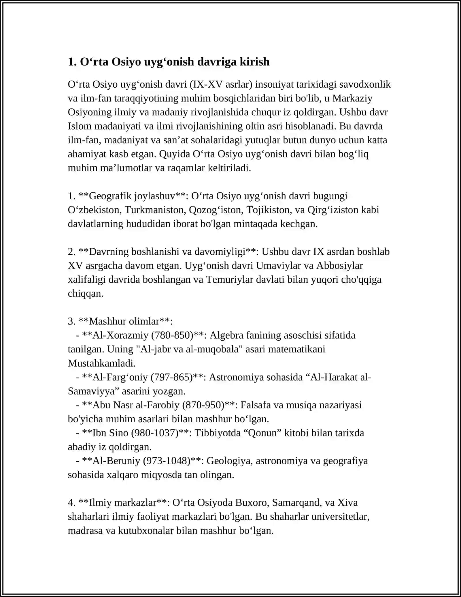 IX-XII ASARLARDA OʻRTA OSIYO XALQLARI HAYOTIDA YUZ BERGAN UYGʻONISH DAVRI.FAN VA MADANIYATNING YUKSAK RAVNAQ TOPISHI 3