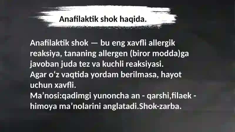 Anafilaktik shok,Kvinke shishi va Eshak yemi unda shoshilinchi yordam 3