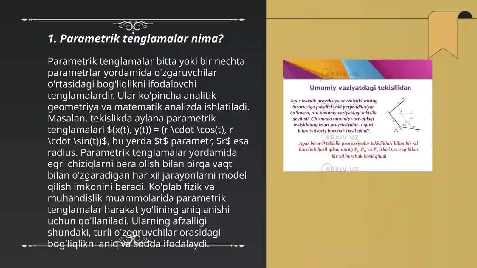 Parametrik tenglama bilan chiziq urunmasi va normal tenglamalar 3