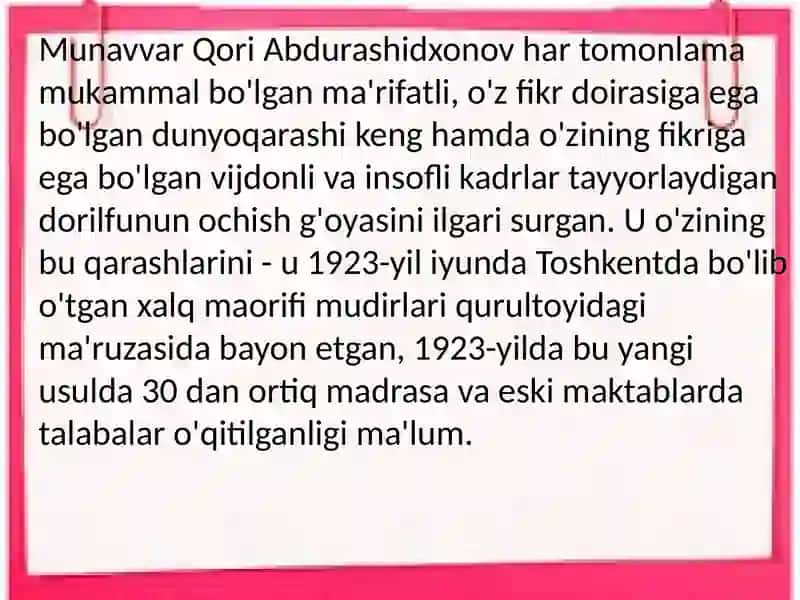 Anbar otining pedagogik fikrlari Munavvar Qori Abdurashidxonovning pedagogik qarashlari 3