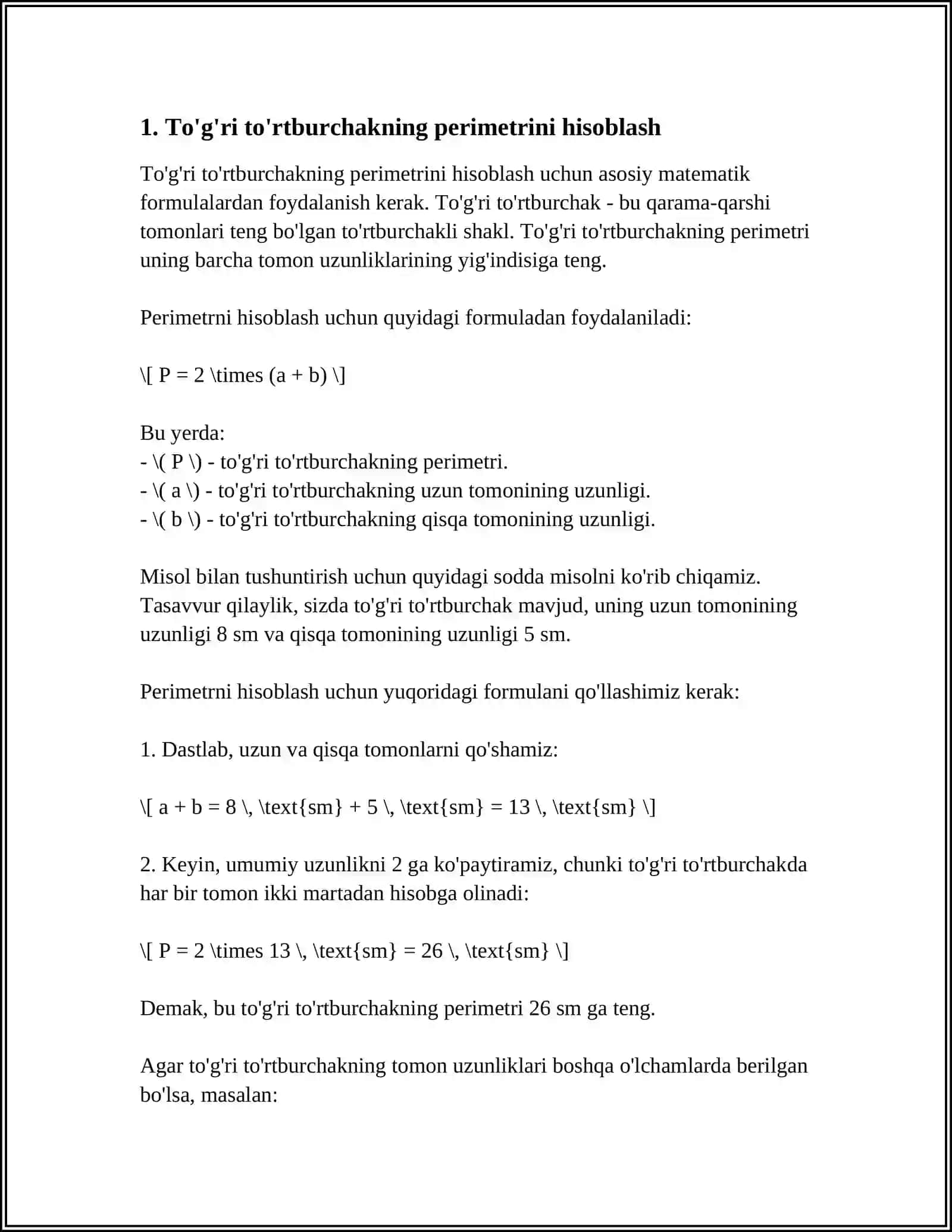 TÒĜRI TÒRTBURCHAK VA KVADRAT PERIMETRINI YUZAGA DOIR MASALALAR YECHISH 3