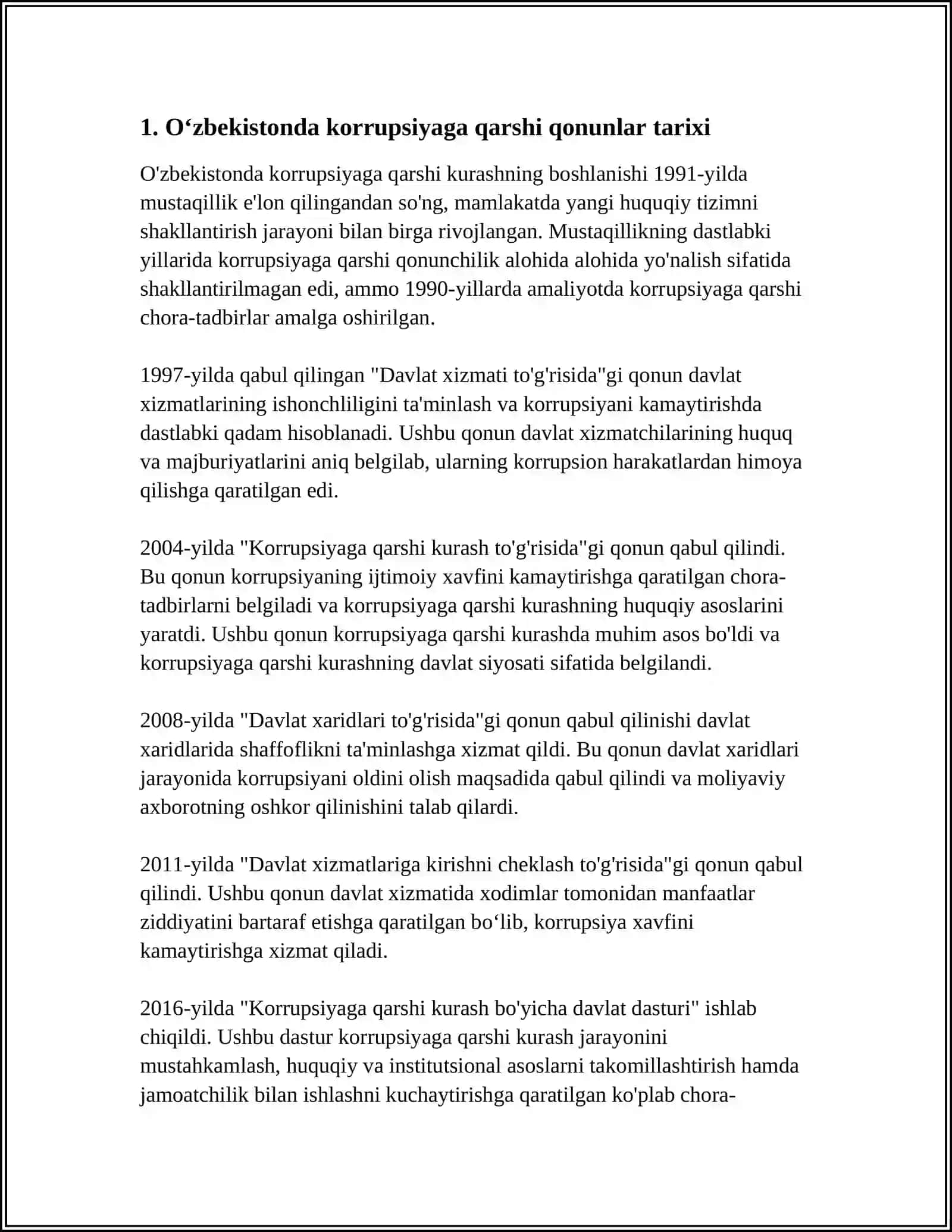 MUSTAQIL ISH Mavzu: OʻZBEKISTONDA KORRUPSIYAGA OID QONUNLAR VA QARORLAR TASNIFI, KORRUPSIYAGA QARSHI KURASHNING AHAMIYATI 3