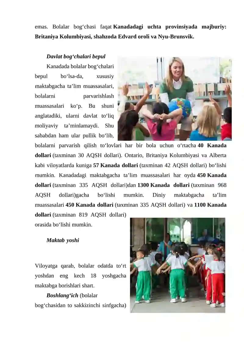 Kanadada maktabgacha, boshlang‘ich, o‘rta va oliy ta’lim tizimi 3