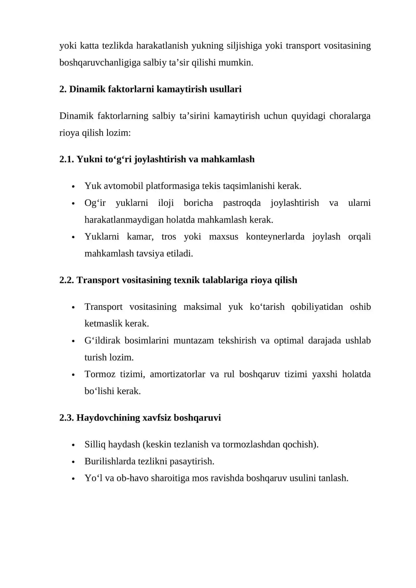 Avtotransport yuk tashishda dinamik faktorlarning ta’siri va ularni kamaytirish usullari 3