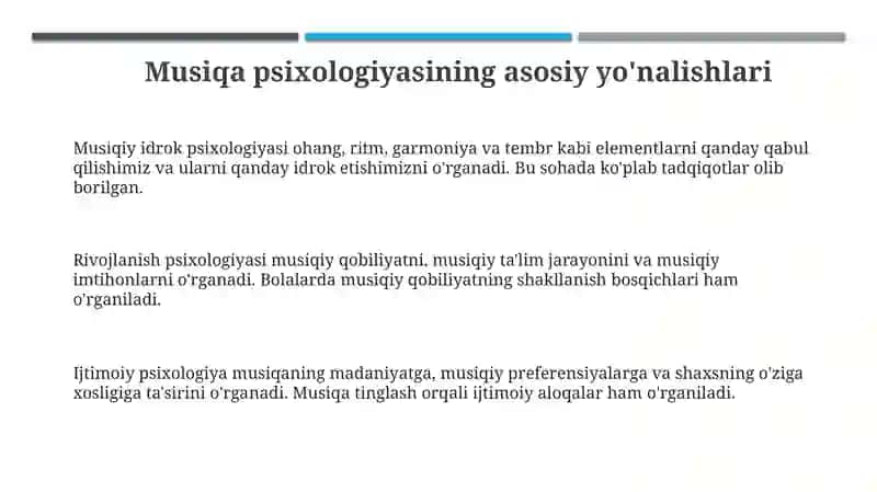 Musiqa psixologiyasi yo‘nalishlari va tarmoqlari 3