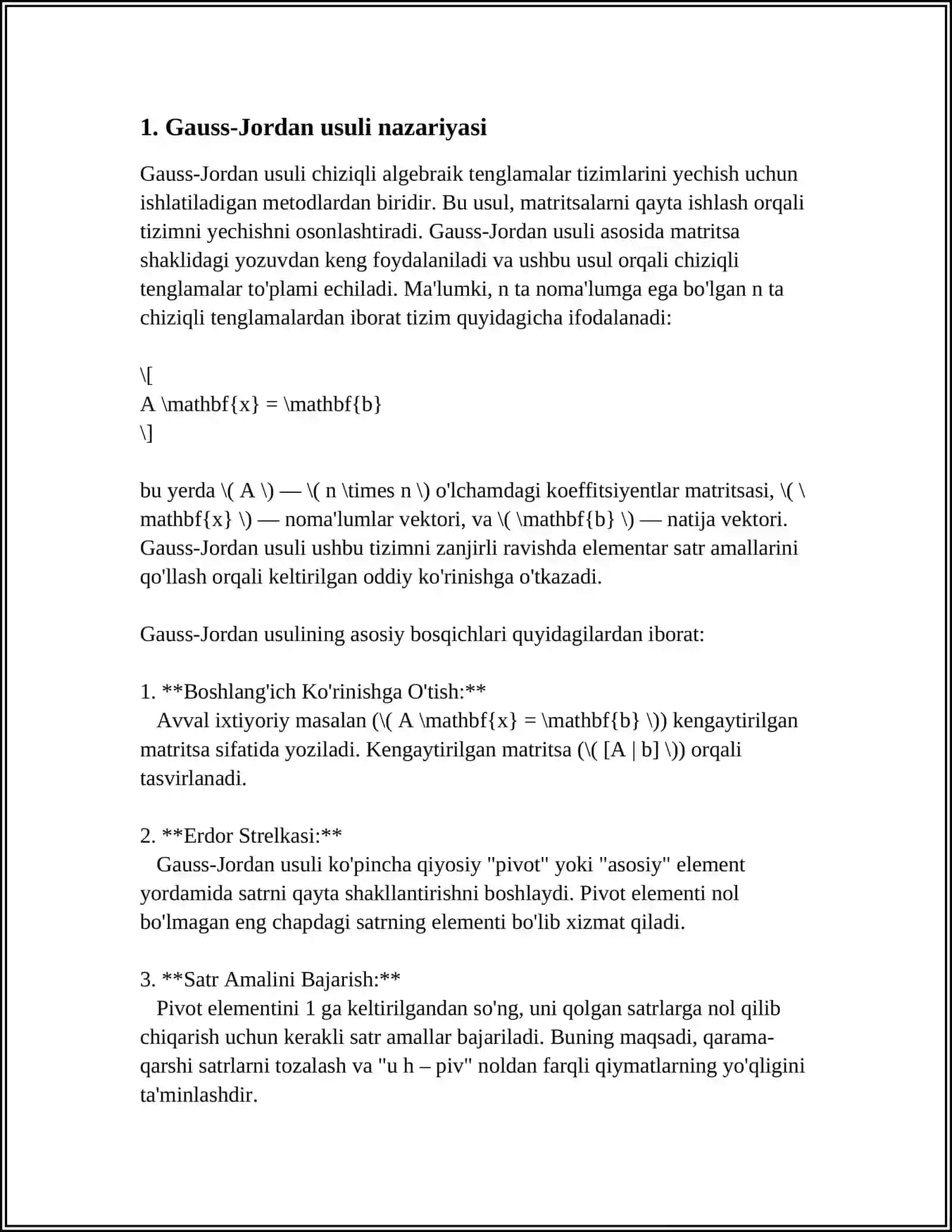 CHIZIQLI ALGEBRIK TENGLAMALAR SISTEMASINI YECHISHNING GAUSS-JORDAN USULI 3