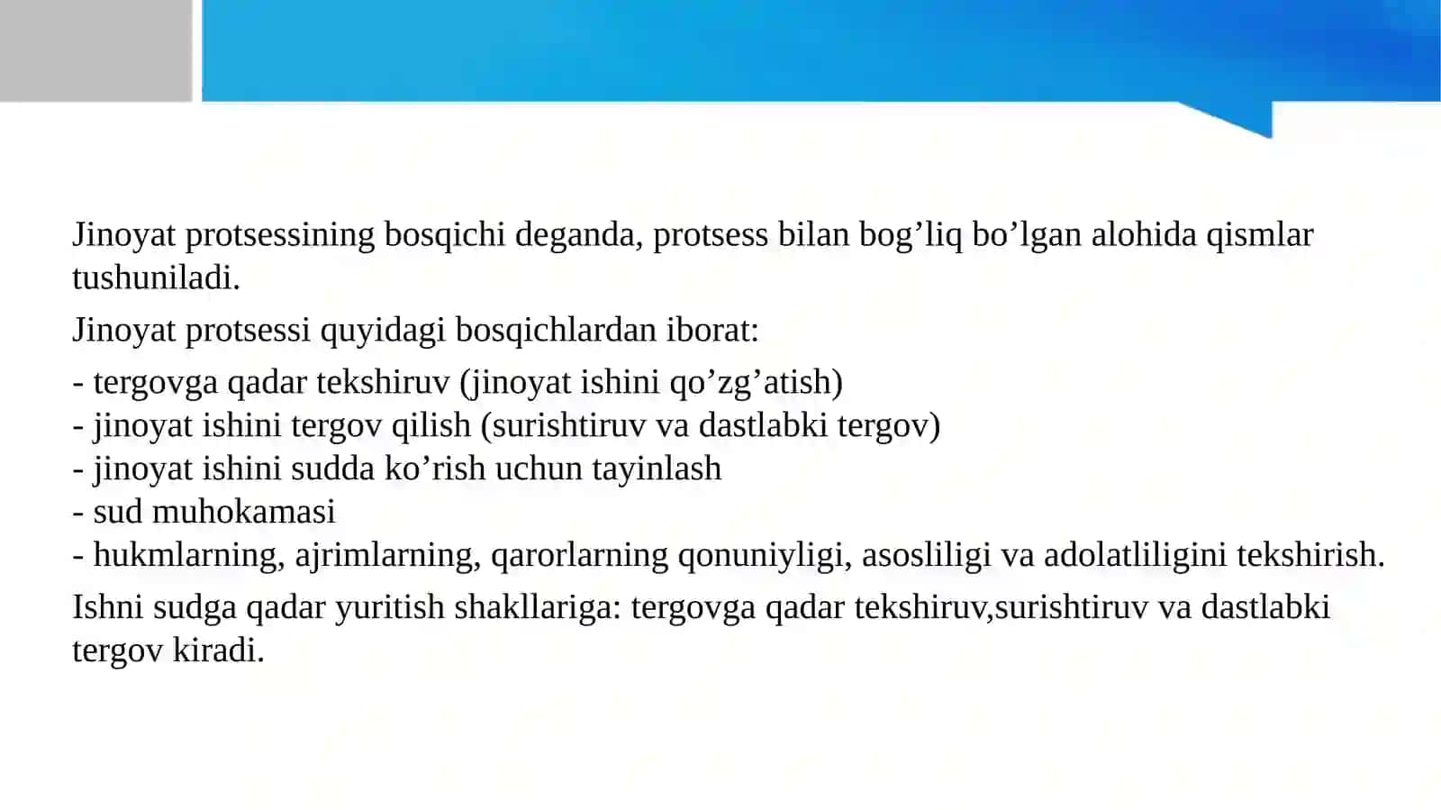 Jinoyat-protsessual  qonunchiligining vazifalari, vaqt va hudud bo’yicha amal qilishi hamda jinoyat-protsessual qonunchiligining ajnabiy fuqarolarga va fuqaroligi bo’lmagan  shaxslarga nisbatan amal qilishi masalalarini muhokama qilish. 3