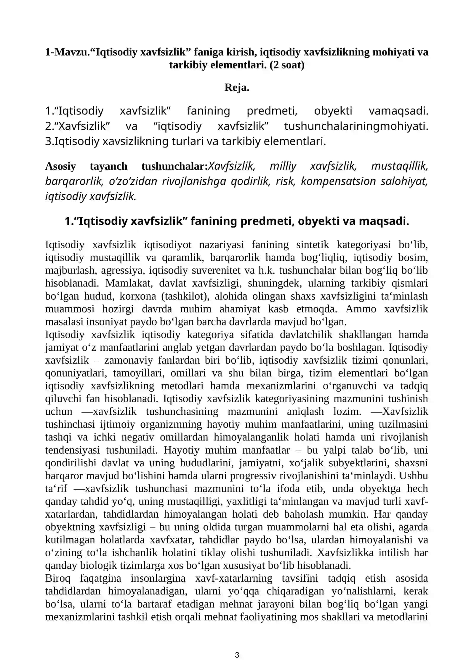 Iqtisodiy xavfsizlik fanidan O‘quv-uslubiy majmua 3