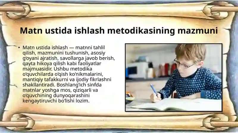 Boshlangʻich taʼlimda matn ustida ishlash metodikasini fanlararo mushtaraklida oʻqitish boʻyicha usl 3