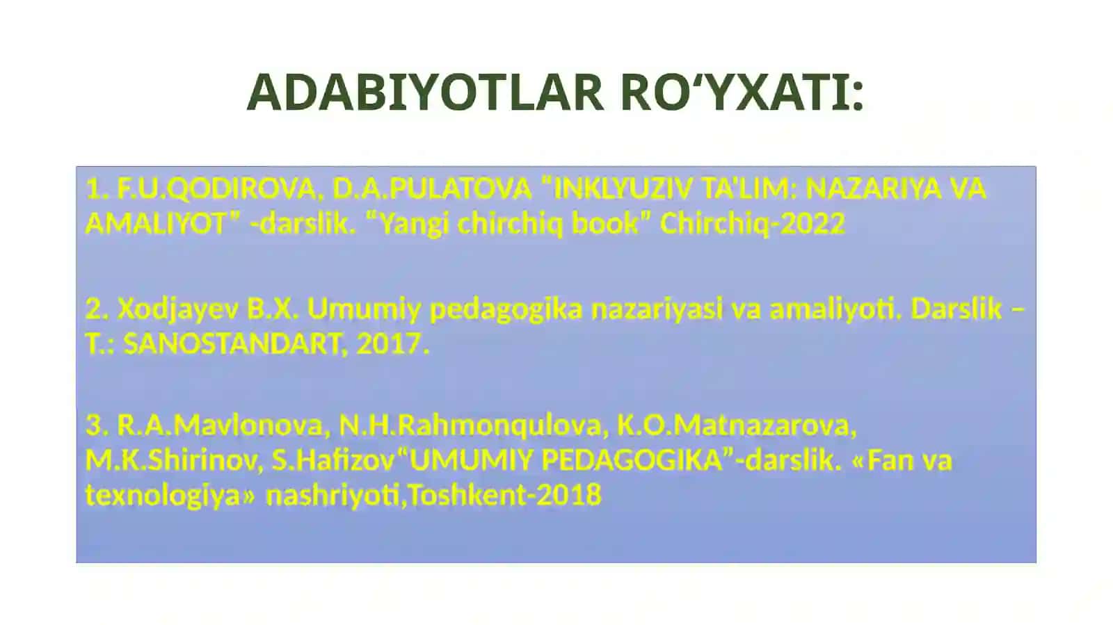 Analizatorlarida kamchiliklari bor bolalarga ta’lim-tarbiya jarayoninitashkil etish. Intellektul nuqsonli bolalarga ta’lim tarbiya jarayonini tashkil etish 3
