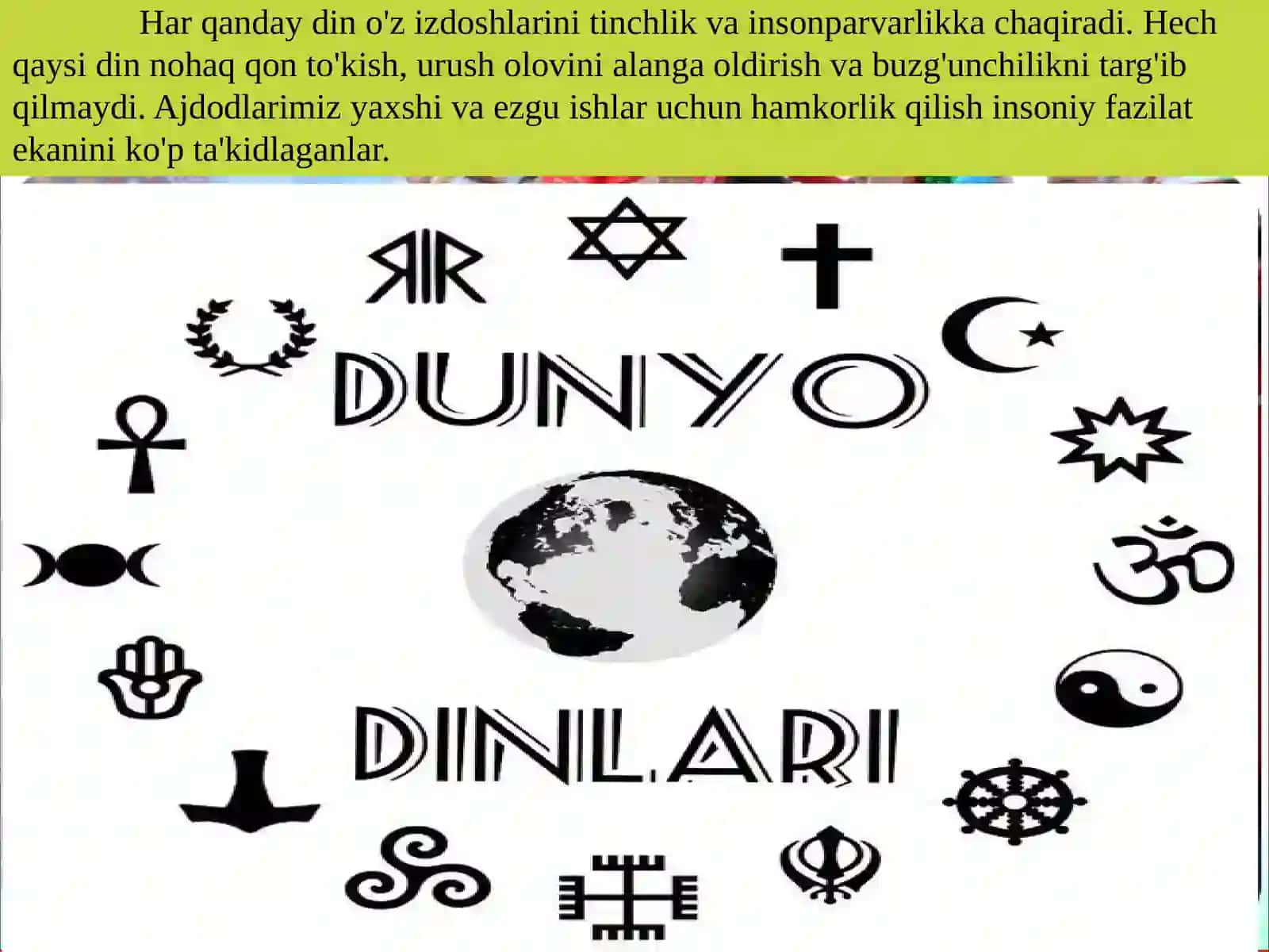 DUNYO DINLARIDA INSONPARVARLIK G'OYASI 3
